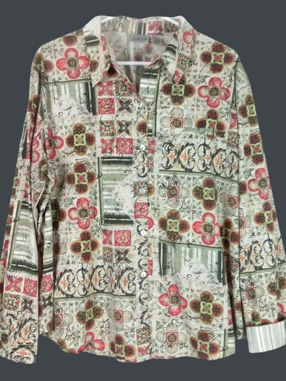 Chicos Patchwork Paisley Button Down Shirt Womens XL Flip Cuff Artsy Travel Work